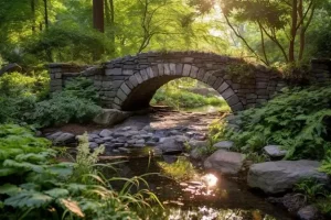 Natursteinbrücke über einen kleinen Bach im Wald, von Sonnenlicht durchflutet.