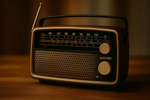 Vintage-Radio auf Holzuntergrund – Symbolbild für Radiosendung des Darmstädter Bündnisses gegen Depression