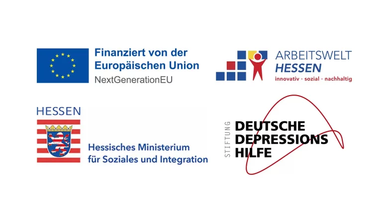Logoleiste der Projektförderung durch Europäische Union, Land Hessen und Deutsche Depressionshilfe