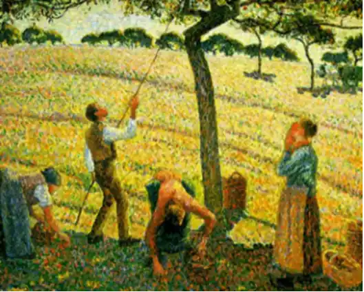 Ein pointillistisches Gemälde, das Menschen bei der gemeinsamen, ruhigen Apfelernte in einer sonnendurchfluteten Landschaft zeigt.